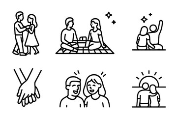 Soulmate Icon Set. Outline icon set of soulmate moments: dancing couple, picnic, star gazing, shared coffee, holding hands, shared laughter, romantic dinner,