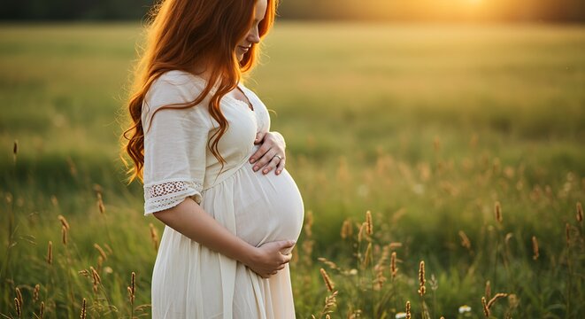 Glowing Expectancy A Pregnant Woman Embraces Motherhood in a Meadow - Powered by Adobe
