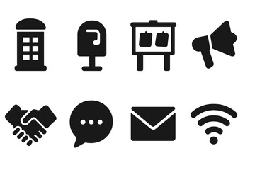 Local Communication Icons. Solid, filled icon set of local communication: telephone booth, mailbox, bulletin board, megaphone, handshake, chat