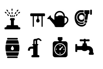 Garden Watering Icons. Solid, filled icon set of garden watering systems: sprinkler, drip irrigation, watering can, hose nozzle, rain barrel, water pump,