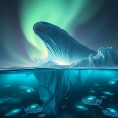 Primordial leviathan shattering ice shelf with aurora and underwater bioluminescence
