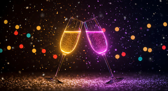 Glowing Toast: Two champagne glasses clink in a radiant toast, illuminated with vibrant colors against a dark background, embodying the celebratory spirit.