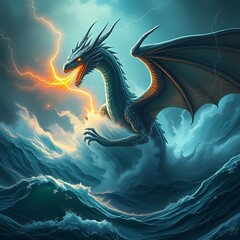Sea dragon battling maelstrom with bioluminescence and lightning
