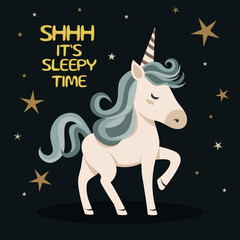 Cute vector cartoon unicorn on a dark background. Quotes about sleep for children. Print for children