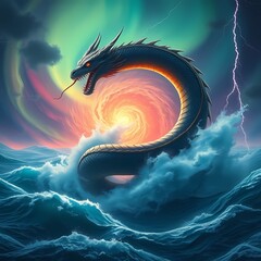 Serpent dragon coiling through hurricane with aurora and lightning over ocean