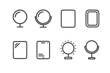 Mirror Icon Set. Outline icon set of mirror types: convex mirror, concave mirror, flat mirror, beveled mirror, tinted mirror, smart mirror, lighted mirror,