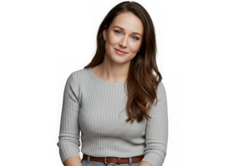 Attractive brunette woman in gray sweater isolated on transparent background