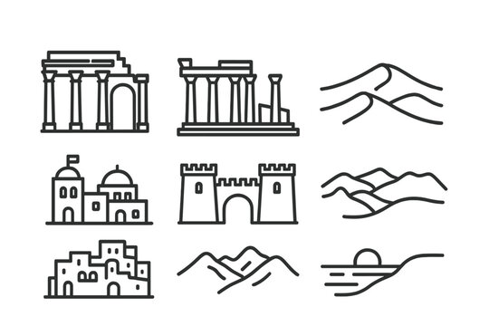 Libyan Landmarks Icons. Outline icon set of Libyan landmarks: Leptis Magna ruins, Cyrene ruins, Sahara desert dunes, Tripoli medina, Red Castle, Ghadames old