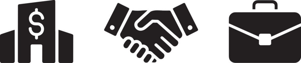 Bank building handshake agreement business briefcase corporate deal icon set