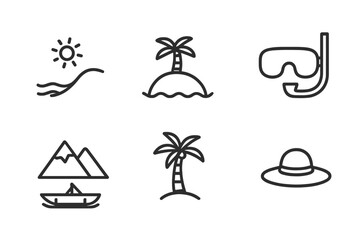 Obraz premium Filipino Tourism Icons. Outline icon set of Filipino tourism: beach, island, snorkel mask, mountain, waterfall, boat, coconut tree, sunhat. Line icons in only