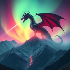 Ancient dragon breathing radiant aurora across mountain range