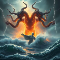 Ancient hydra erupting through tempest with lightning strikes and glowing waves
