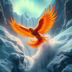 Ancient phoenix tearing through blizzard over waterfall