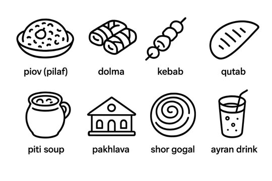 Azerbaijani Cuisine and Culture. Outline icon set of Azerbaijani cuisine: plov (pilaf), dolma, kebab, qutab, piti soup, pakhlava, shor gogal, ayran drink. Line