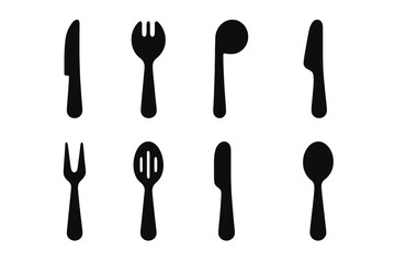 Silverware Icons Grid. Solid, filled icon set of silverware types: serrated knife, spork, ladle, pie server, cocktail fork, slotted spoon, spreader knife,