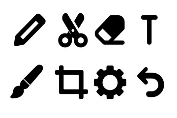 Fototapeta premium Label Editing Icons. Solid, filled icon set of label editing: pencil, scissors, eraser, text cursor, paintbrush, crop tool, settings gear, undo arrow. [Line
