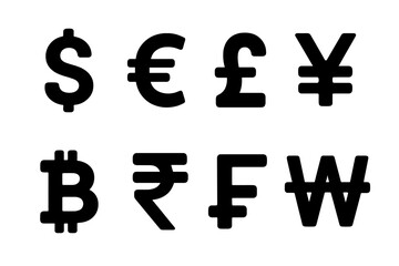 Obraz premium Currency Icons Grid. Solid, filled icon set of currency types: dollar, euro, pound, yen, bitcoin, rupee, franc, won. Solid, filled icons in only black color.