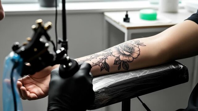 Woman receiving a detailed rose and vine arm tattoo by a hidden master in a studio, showing the application process, footage.
