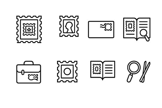Philately Icon Set. Outline icon set of postage collection: rare stamp, commemorative stamp, first day cover, stamp booklet, postal history, mint condition,
