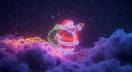 Fototapeta premium Santa's Night Flight: A radiant neon Santa Claus, brimming with festive cheer, glides through the starry night sky. Surrounded by soft, fluffy clouds and carrying a sack of gifts.