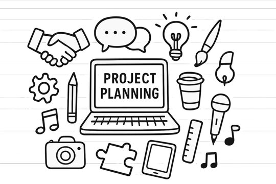 Collaborative Project Blueprint. Hand-drawn doodle illustration Collaborative project planning blueprint, laptop, speech bubbles, handshake, light bulb,