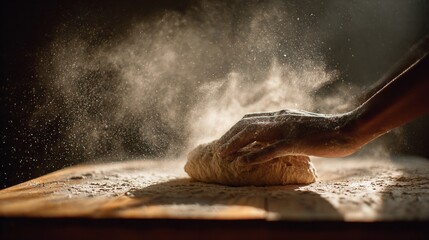 Flour-dusted hand kneads dough on a rustic wooden surface with airborne particles