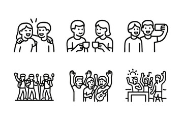 Obraz premium Friendship Icon Set. Outline icon set of together friendship: friends laughing, sharing coffee, group selfie, hiking together, cheering, playing music, beach
