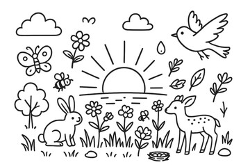 Grassland Sunrise Doodle. Hand-drawn doodle illustration Grassland flowers at sunrise flower, grass, butterfly, bee, bird, sun, cloud, tree, rabbit, deer,
