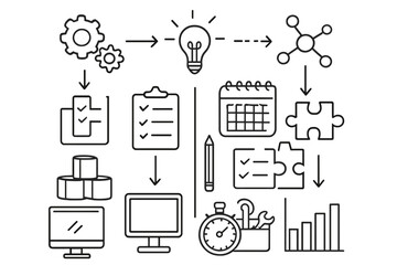 Organizational Framework Doodle. Hand-drawn doodle illustration organizational framework flowchart, gears, checklist, calendar, clipboard, light bulb, network