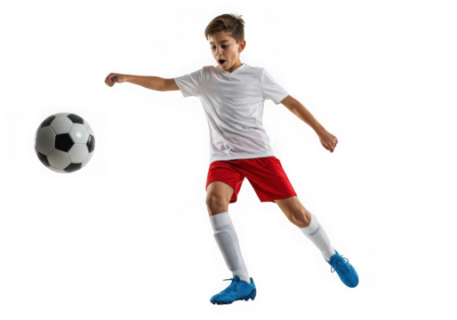 Young soccer player kicking a ball isolated on transparent background in studio - Powered by Adobe