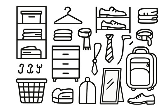 Closet Organization Icons. Hand-drawn doodle illustration Closet space optimization shelf, hanger, shoe rack, storage box, folded clothes, drawer, belt, scarf,