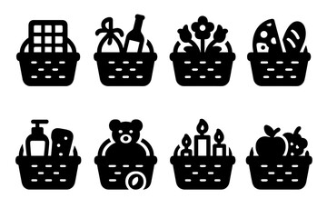 Gift Basket Icons. Solid, filled icon set of gift baskets: basket with chocolates, basket with wine, basket with flowers, basket with gourmet foods, basket