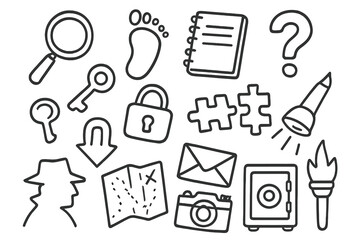 Mystery Objects Doodle. Hand-drawn doodle illustration find clues magnifying glass, footprint, notebook, question mark, key, lock, puzzle pieces, map, arrow,