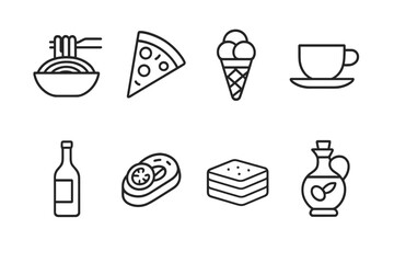 Italian Cuisine & Heritage Icons. Outline icon set of Italian cuisine: pasta bowl, pizza slice, gelato cone, espresso cup, wine bottle, bruschetta, tiramisu,