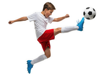 Young boy in white shirt and red shorts kicking a soccer ball isolated on transparent background