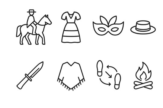 Argentinian Tradition Icons. Outline icon set of Argentinian traditions: gaucho on horse, folk costume, festival mask, traditional hat, knife (facon), poncho,