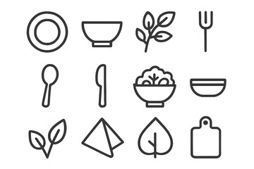 Serving Icon Set. Serving ideas. Line icon set of Serving ideas: plate, bowl, garnish, fork, spoon, knife, salad, dipping sauce, platter, decorative leaves,