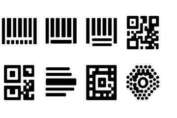 Barcode Icon Set. Solid, filled icon set of barcode types: UPC barcode, EAN barcode, Code128, QR code, Data Matrix, PDF417, Aztec code, MaxiCode. [Line icons