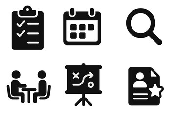 Portfolio Review Icons. Solid, filled icon set of portfolio review: checklist, calendar, magnifying glass, report file, meeting, strategy plan, evaluation,