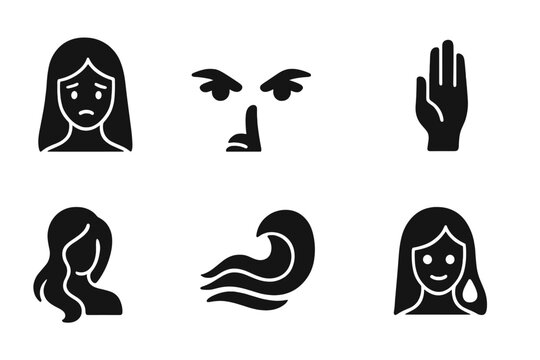 Rusalka Emotion Icons. Solid, filled icon set of rusalka emotions and traits: sorrowful face, mysterious eyes, whispering lips, gentle hand, flowing hair, calm