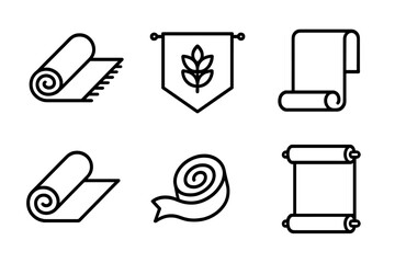 Rolled Item Icons. Outline icon set of rolled decorative items: rolled carpet, rolled tapestry, rolled curtain, rolled wallpaper, rolled fabric, rolled ribbon,