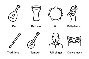 Obraz premium Egyptian Music Icons. Outline icon set of Egyptian music and dance: Oud, Darbuka drum, Riq tambourine, Belly dance, Traditional flute, Taar, Folk singer, Dance
