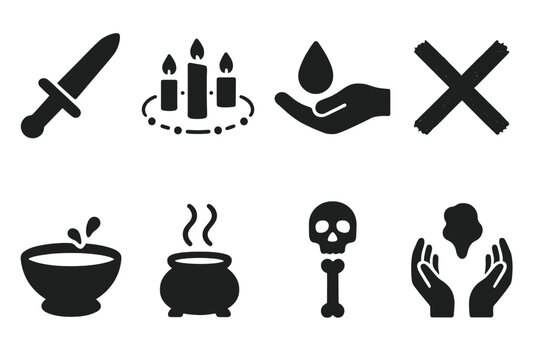 Dark Ritual Icons. Solid, filled icon set of dark rituals: ritual dagger, candle circle, blood offering, chalked rune, sacrificial bowl, incense smoke, bone