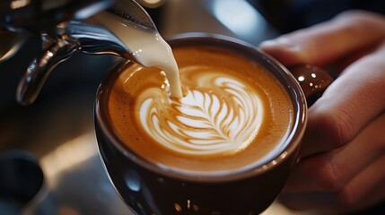 Pouring milk into a cup of coffee creating latte art with a leaf design in a brown ceramic mug