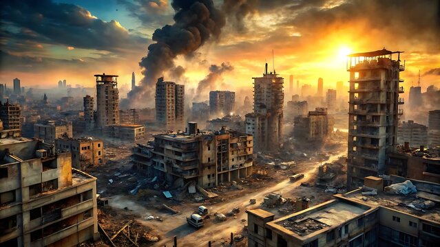 City destroyed after war with smoke and fire in the background - Powered by Adobe