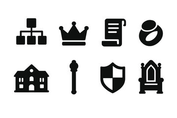 Heir Lineage Icon Set. Solid, filled icon set of heir lineage: family tree, crown, scroll, royal ring, ancestral home, scepter, heraldic shield, throne. Solid,