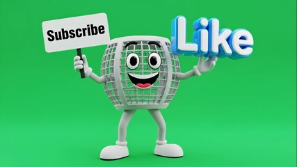 Cheerful Mascot Encouraging Likes and Subscriptions - A vibrant cartoon mascot, designed like a volleyball net, stands against a bright green background.