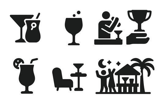 Cocktail Event Icons. Solid, filled icon set of cocktail events: happy hour, tasting event, mixology class, bartending competition, cocktail festival, lounge