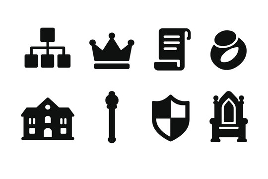 Heir Lineage Icon Set. Solid, filled icon set of heir lineage: family tree, crown, scroll, royal ring, ancestral home, scepter, heraldic shield, throne. Solid,