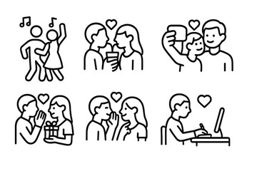 Flirt Activity Icons. Outline icon set of flirt activities: dancing, sharing drink, taking selfie, exchanging gifts, whispering, playful teasing, writing